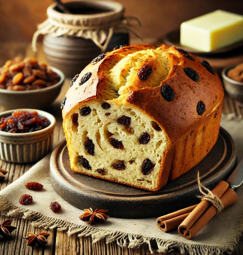 Golden-brown cinnamon raisin bread loaf with a soft swirl of cinnamon filling, freshly sliced and placed on a wooden board.