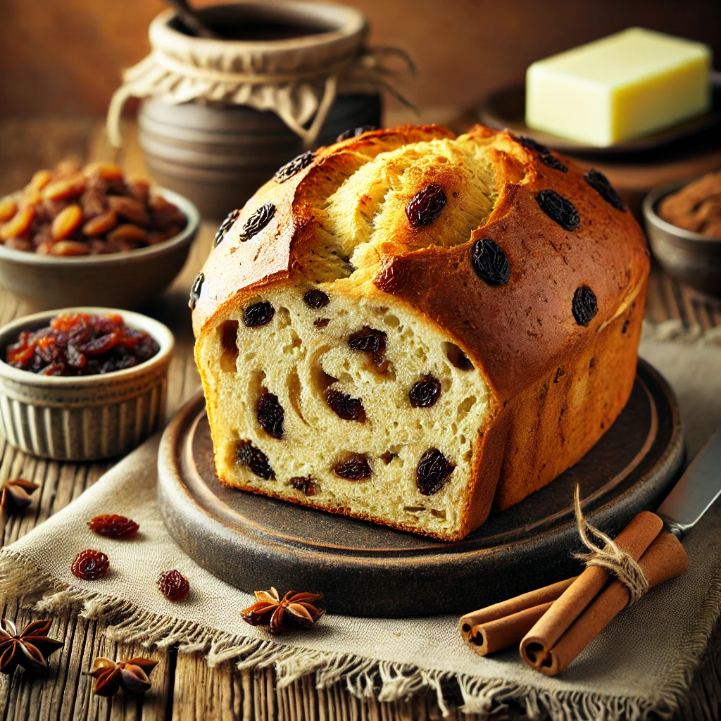 Golden-brown cinnamon raisin bread loaf with a soft swirl of cinnamon filling, freshly sliced and placed on a wooden board.