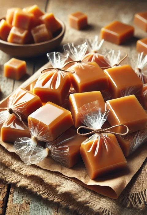 Creamy homemade caramel pieces cut into bite size squares and wrapped in clear cellophane wrappers.