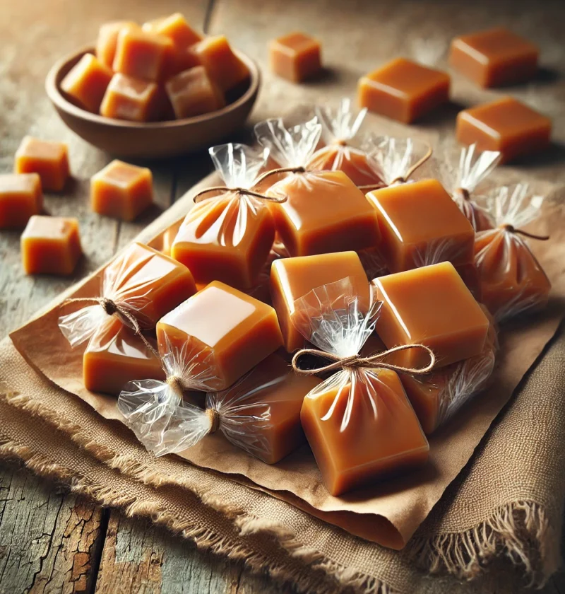 Creamy homemade caramel pieces cut into bite size squares and wrapped in clear cellophane wrappers.