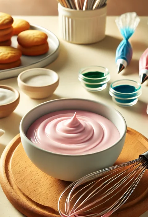 A bowl of smooth and glossy royal icing with a spatula, perfect for decorating cookies and cakes.