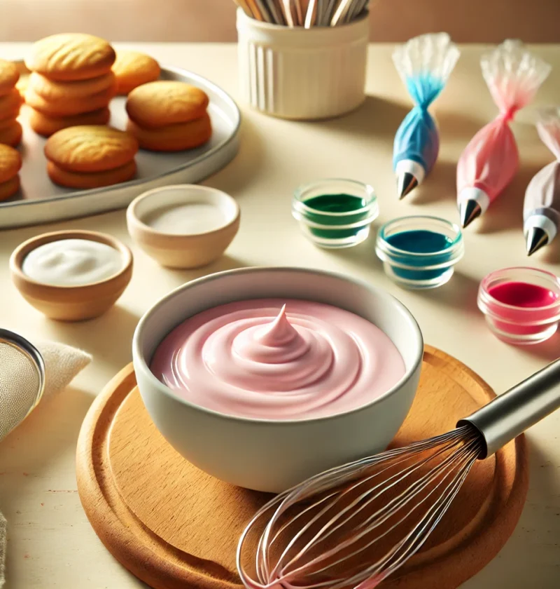 A bowl of smooth and glossy royal icing with a spatula, perfect for decorating cookies and cakes.