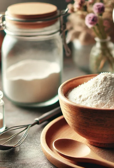 A cozy kitchen scene featuring a small jar of homemade baking powder with measuring spoons and flour on a wooden surface.