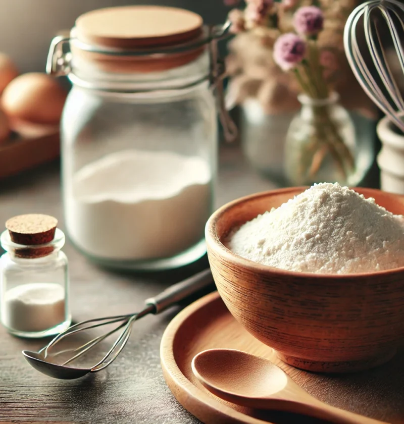 A cozy kitchen scene featuring a small jar of homemade baking powder with measuring spoons and flour on a wooden surface.