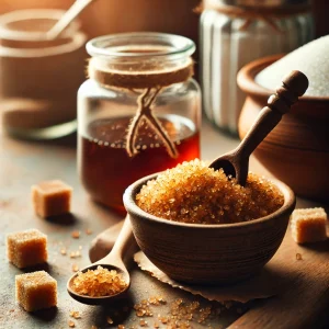 A jar of homemade brown sugar on a kitchen counter, surrounded by ingredients like white sugar and molasses, with a warm and inviting atmosphere.