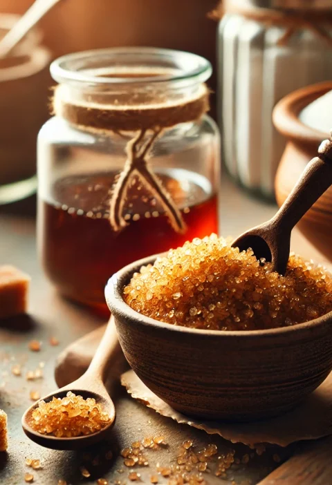 A jar of homemade brown sugar on a kitchen counter, surrounded by ingredients like white sugar and molasses, with a warm and inviting atmosphere.