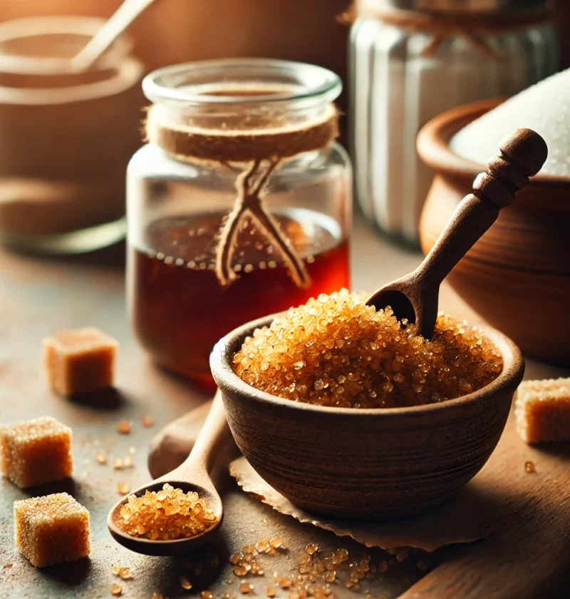 A jar of homemade brown sugar on a kitchen counter, surrounded by ingredients like white sugar and molasses, with a warm and inviting atmosphere.