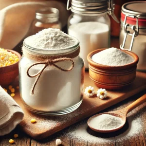 A jar of homemade powdered sugar with a spoon on a cozy kitchen counter, surrounded by baking essentials.