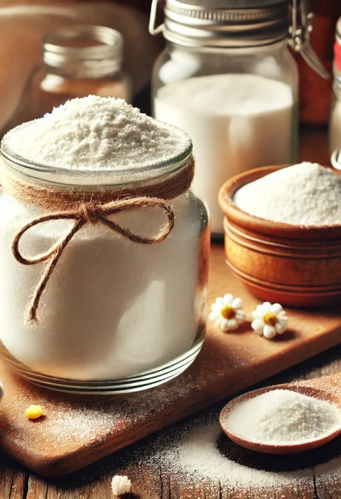 A jar of homemade powdered sugar with a spoon on a cozy kitchen counter, surrounded by baking essentials.