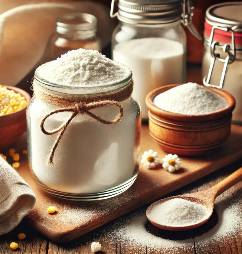 A jar of homemade powdered sugar with a spoon on a cozy kitchen counter, surrounded by baking essentials.