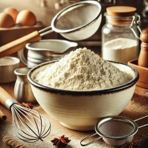 A bowl of homemade cake flour surrounded by baking essentials in a cozy kitchen setting.