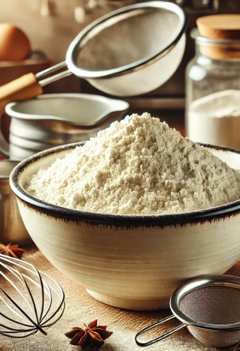 A bowl of homemade cake flour surrounded by baking essentials in a cozy kitchen setting.