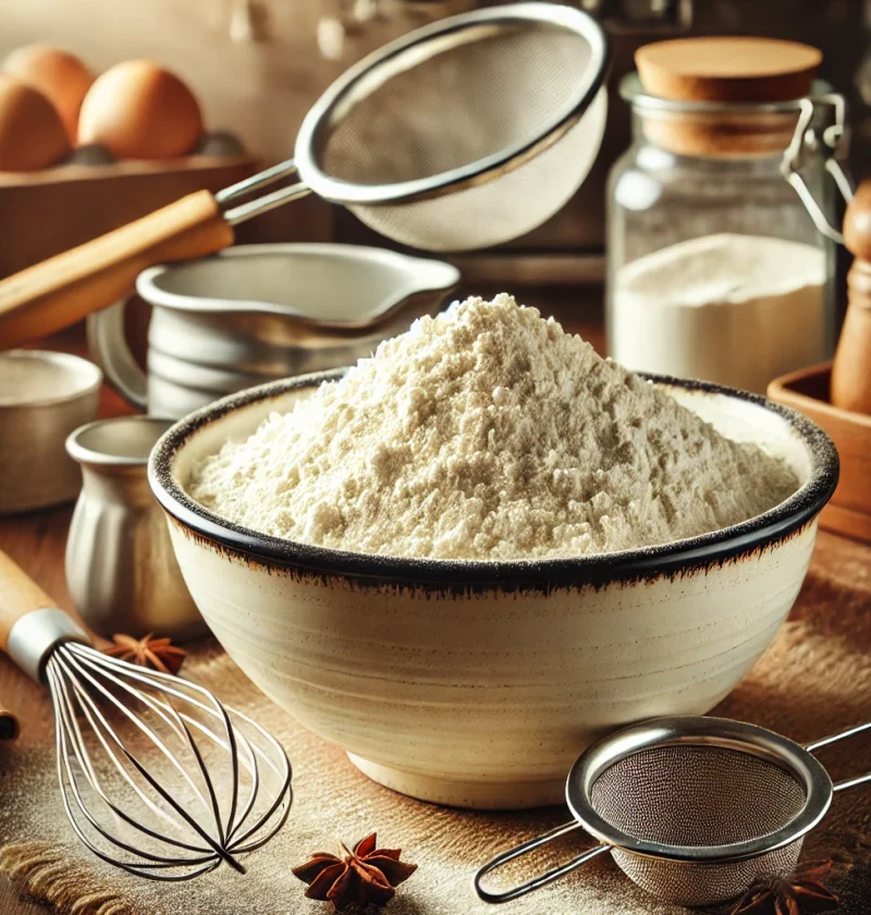 A bowl of homemade cake flour surrounded by baking essentials in a cozy kitchen setting.