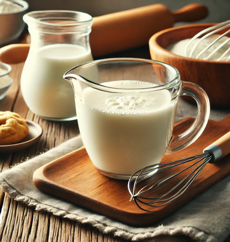 A cozy kitchen scene featuring a glass jar filled with homemade buttermilk and a small bowl of fresh ingredients on a wooden countertop.