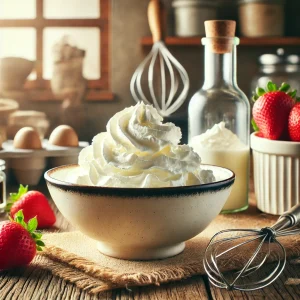 A cozy and inviting kitchen scene featuring a bowl of freshly whipped cream surrounded by dessert toppings.