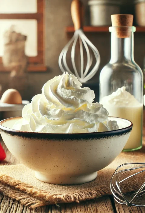 A cozy and inviting kitchen scene featuring a bowl of freshly whipped cream surrounded by dessert toppings.