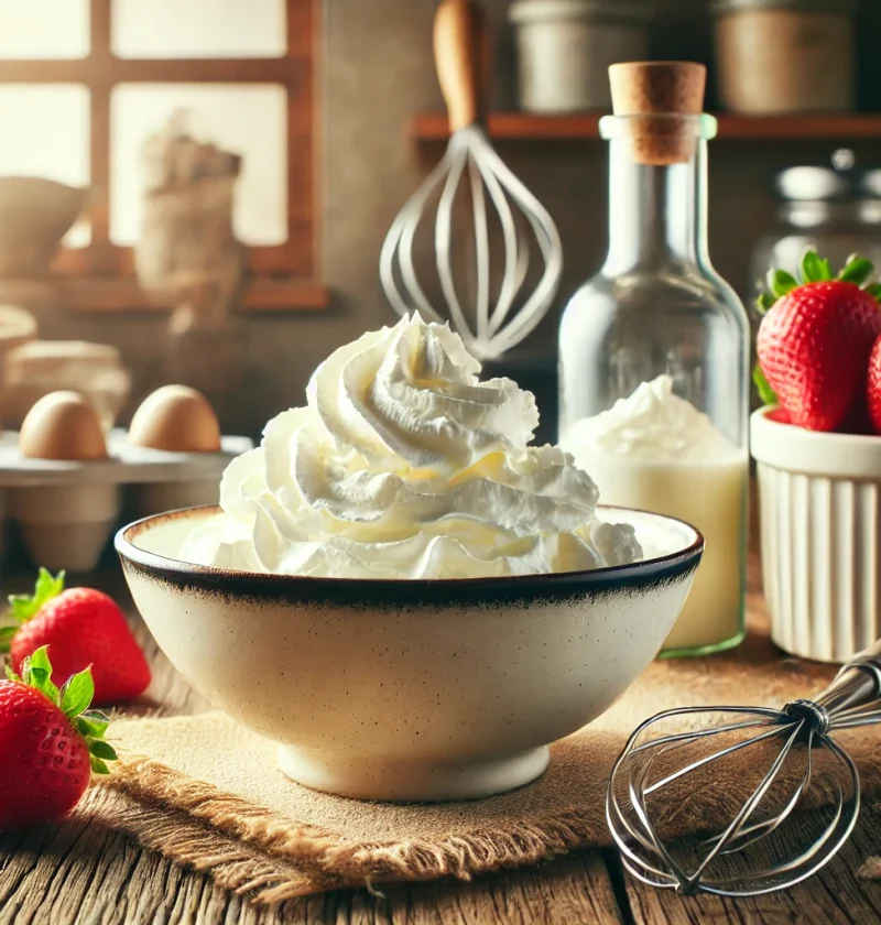 A cozy and inviting kitchen scene featuring a bowl of freshly whipped cream surrounded by dessert toppings.