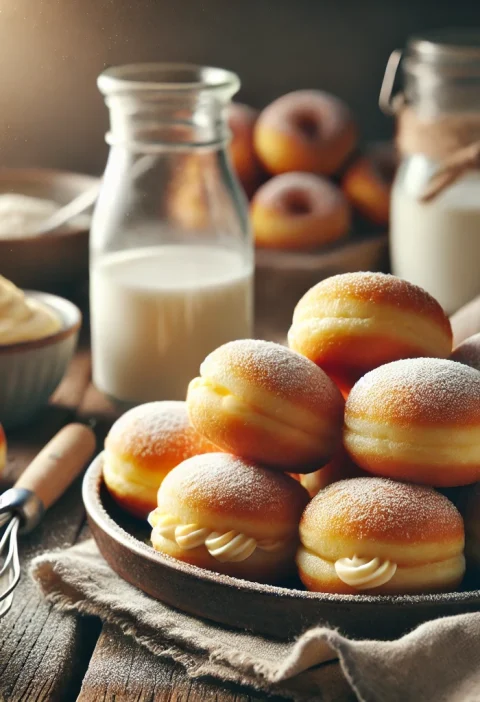 A plate of soft and fluffy Vanilla Custard Cream Donuts filled with creamy custard, perfect for a homemade treat.