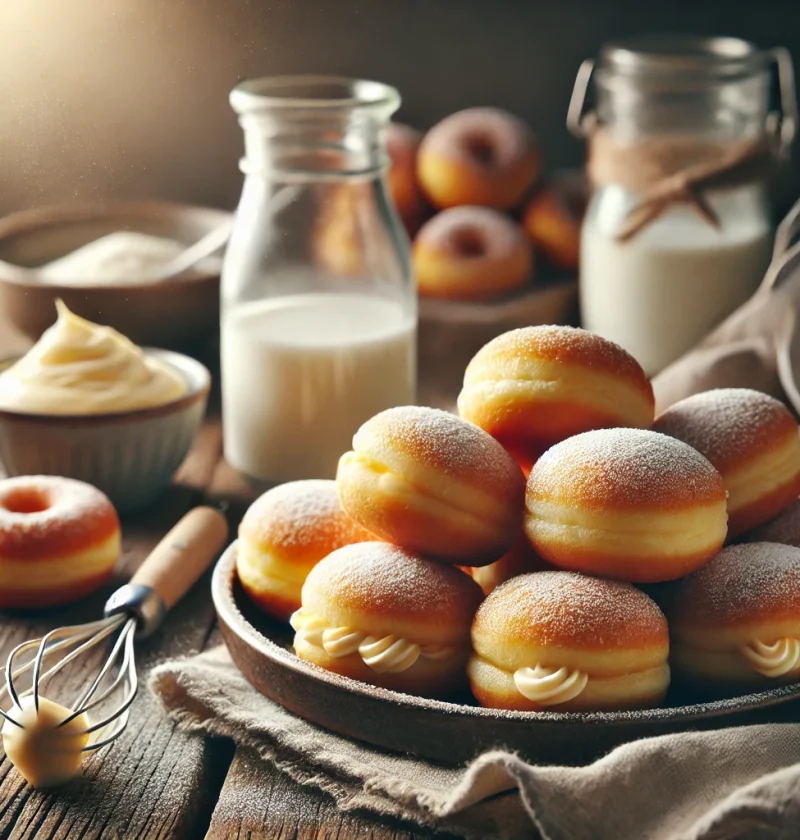 A plate of soft and fluffy Vanilla Custard Cream Donuts filled with creamy custard, perfect for a homemade treat.