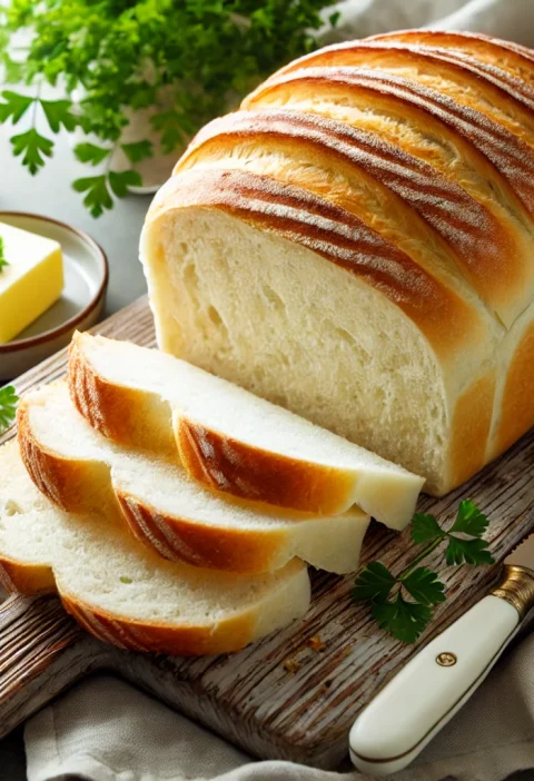 Golden homemade white bread loaf with soft, fluffy slices fanned out on a rustic wooden cutting board, next to a small dish of butter and a butter knife.