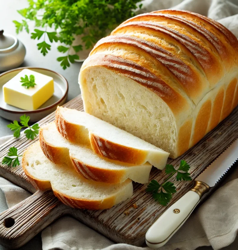 Golden homemade white bread loaf with soft, fluffy slices fanned out on a rustic wooden cutting board, next to a small dish of butter and a butter knife.