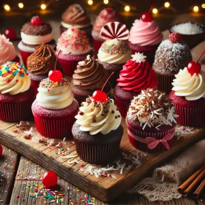 Beautifully decorated red velvet cupcakes arranged on a wooden board, featuring cream cheese frosting, chocolate frosting, shredded coconut, colorful holiday sprinkles, and maraschino cherries