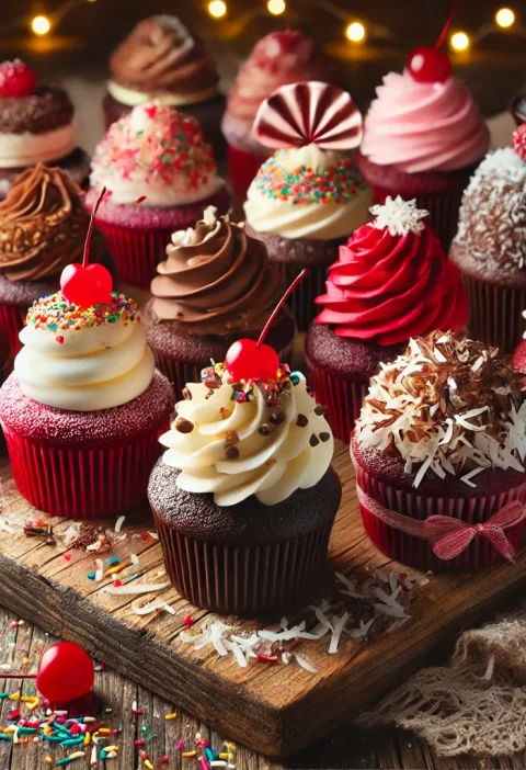 Beautifully decorated red velvet cupcakes arranged on a wooden board, featuring cream cheese frosting, chocolate frosting, shredded coconut, colorful holiday sprinkles, and maraschino cherries