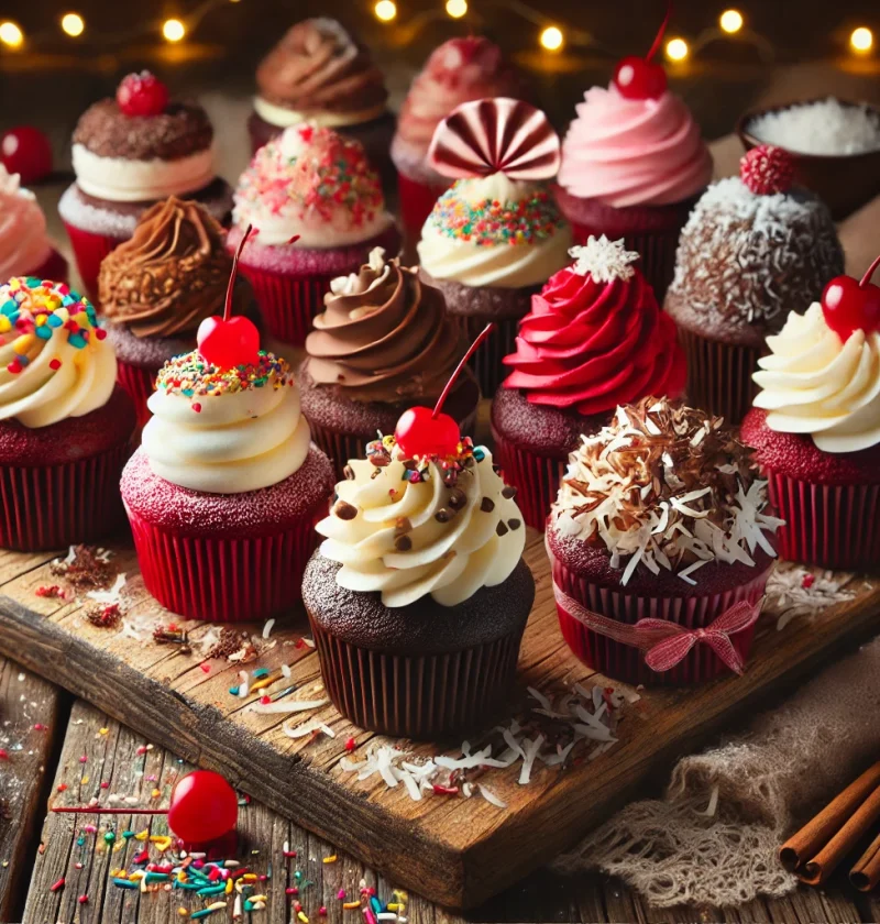 Beautifully decorated red velvet cupcakes arranged on a wooden board, featuring cream cheese frosting, chocolate frosting, shredded coconut, colorful holiday sprinkles, and maraschino cherries