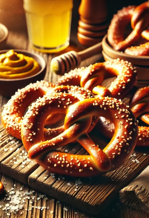 Golden homemade pretzels with a glossy finish, sprinkled with coarse salt and sesame seeds, arranged on a rustic wooden board with a small bowl of mustard in the background.