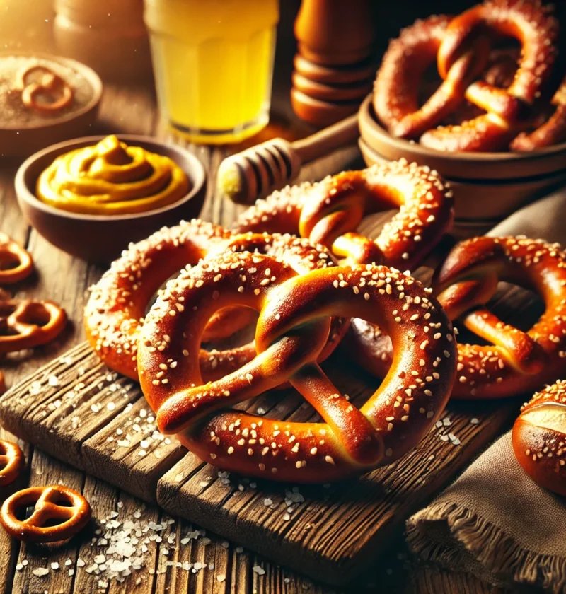 Golden homemade pretzels with a glossy finish, sprinkled with coarse salt and sesame seeds, arranged on a rustic wooden board with a small bowl of mustard in the background.