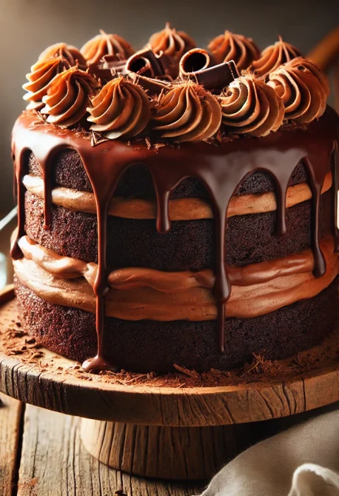 Decadent triple chocolate cake with three layers of moist chocolate cake, creamy frosting, and glossy ganache dripping down the sides, garnished with chocolate curls on a rustic wooden cake stand.