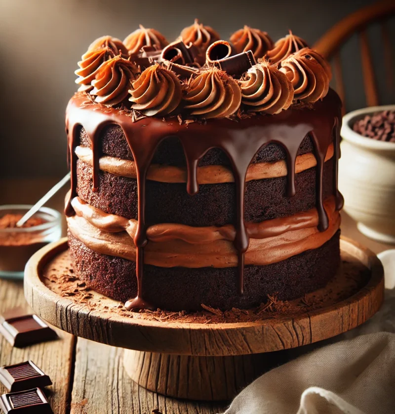 Decadent triple chocolate cake with three layers of moist chocolate cake, creamy frosting, and glossy ganache dripping down the sides, garnished with chocolate curls on a rustic wooden cake stand.