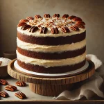 Three-layer German Chocolate Cake on a rustic wooden cake stand, with coconut-pecan frosting between layers and on top, garnished with pecans and coconut in a cozy kitchen setting.