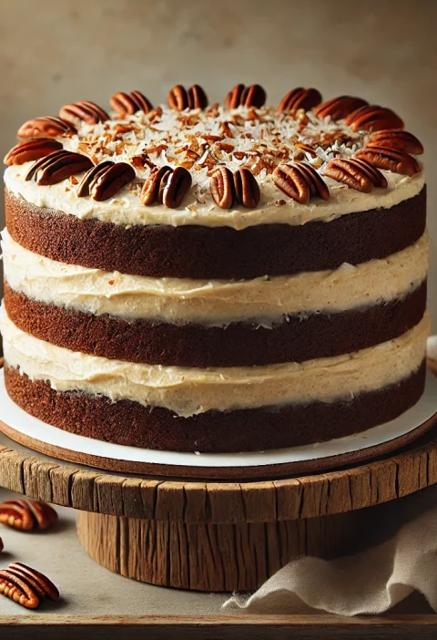 Three-layer German Chocolate Cake on a rustic wooden cake stand, with coconut-pecan frosting between layers and on top, garnished with pecans and coconut in a cozy kitchen setting.