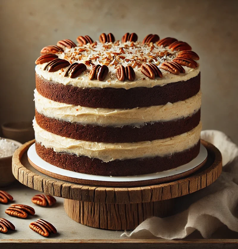 Three-layer German Chocolate Cake on a rustic wooden cake stand, with coconut-pecan frosting between layers and on top, garnished with pecans and coconut in a cozy kitchen setting.