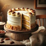 Three-layer Hummingbird Cake with cream cheese frosting, garnished with chopped pecans and toasted coconut, displayed on a rustic wooden cake stand with a cozy background.