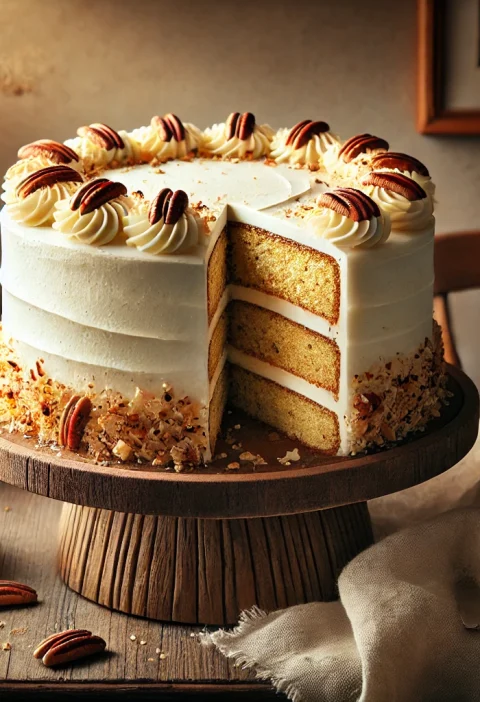 Three-layer Hummingbird Cake with cream cheese frosting, garnished with chopped pecans and toasted coconut, displayed on a rustic wooden cake stand with a cozy background.