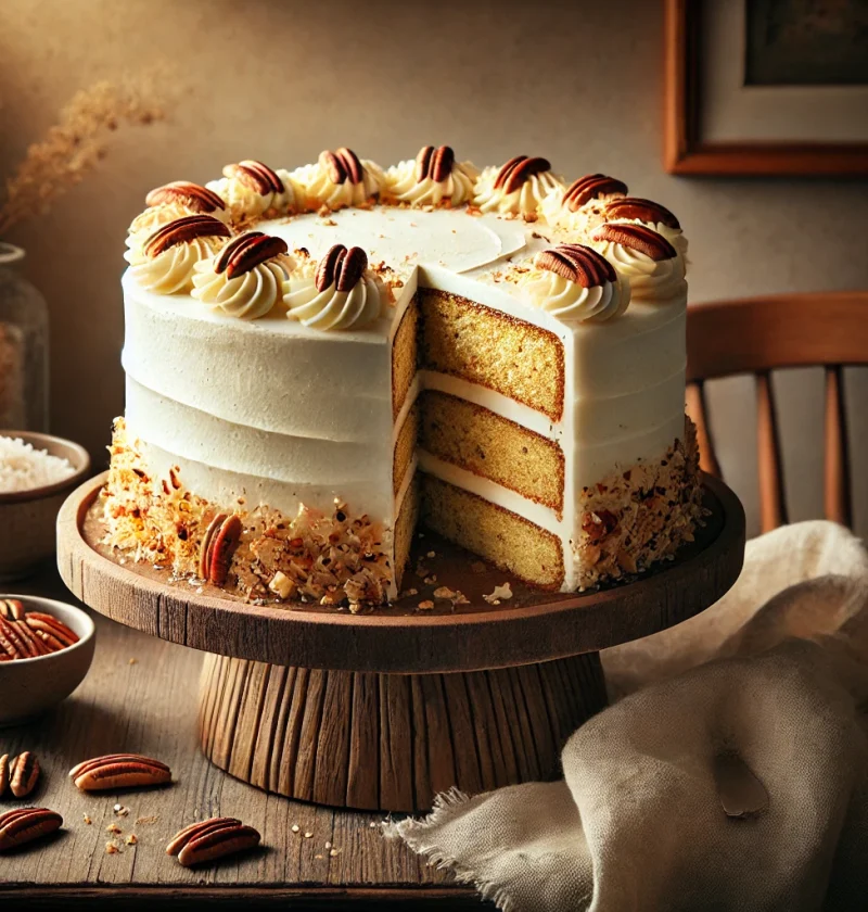 Three-layer Hummingbird Cake with cream cheese frosting, garnished with chopped pecans and toasted coconut, displayed on a rustic wooden cake stand with a cozy background.