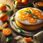 Round Clementine Cake dusted with powdered sugar, garnished with fresh clementines and green leaves, with a slice cut to reveal the moist orange interior on a rustic wooden table.