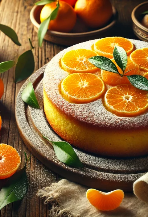 Round Clementine Cake dusted with powdered sugar, garnished with fresh clementines and green leaves, with a slice cut to reveal the moist orange interior on a rustic wooden table.