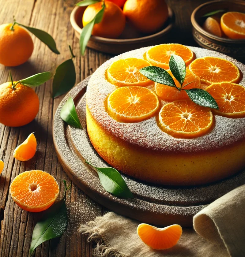 Round Clementine Cake dusted with powdered sugar, garnished with fresh clementines and green leaves, with a slice cut to reveal the moist orange interior on a rustic wooden table.