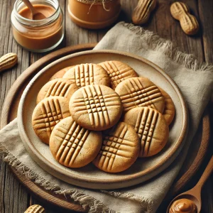 A cozy and inviting image showcasing a plate of freshly baked plain peanut butter cookies on a rustic kitchen table.