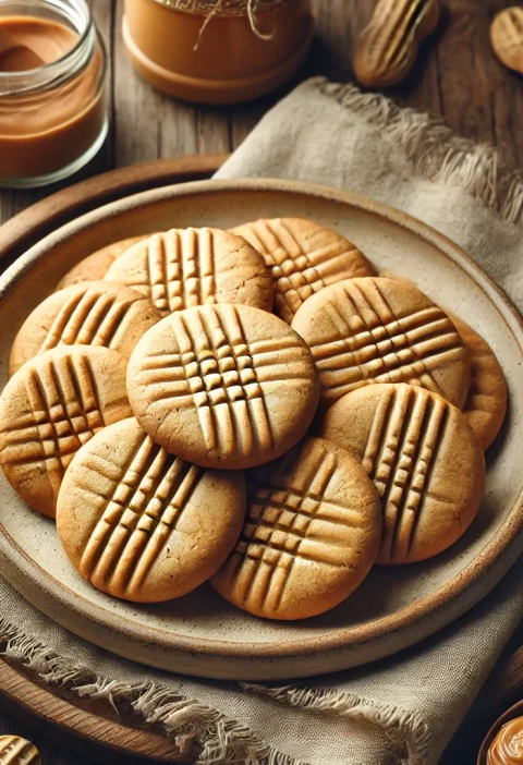 A cozy and inviting image showcasing a plate of freshly baked plain peanut butter cookies on a rustic kitchen table.