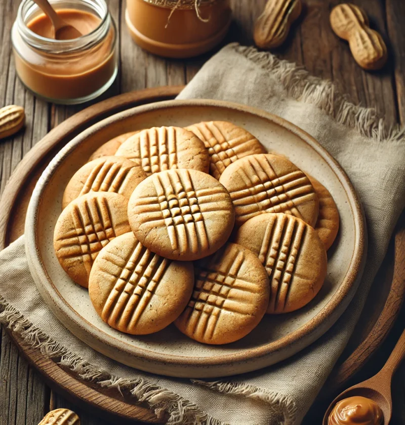 A cozy and inviting image showcasing a plate of freshly baked plain peanut butter cookies on a rustic kitchen table.