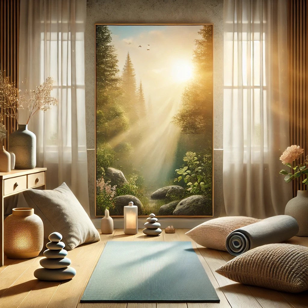 A serene and peaceful scene representing meditation and mindfulness, featuring a calming ambiance perfect for stress relief and focus.