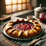 A cozy and inviting kitchen scene featuring a freshly baked jam galette on a rustic wooden countertop, surrounded by natural light and a warm ambiance.