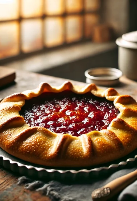 A cozy and inviting kitchen scene featuring a freshly baked jam galette on a rustic wooden countertop, surrounded by natural light and a warm ambiance.