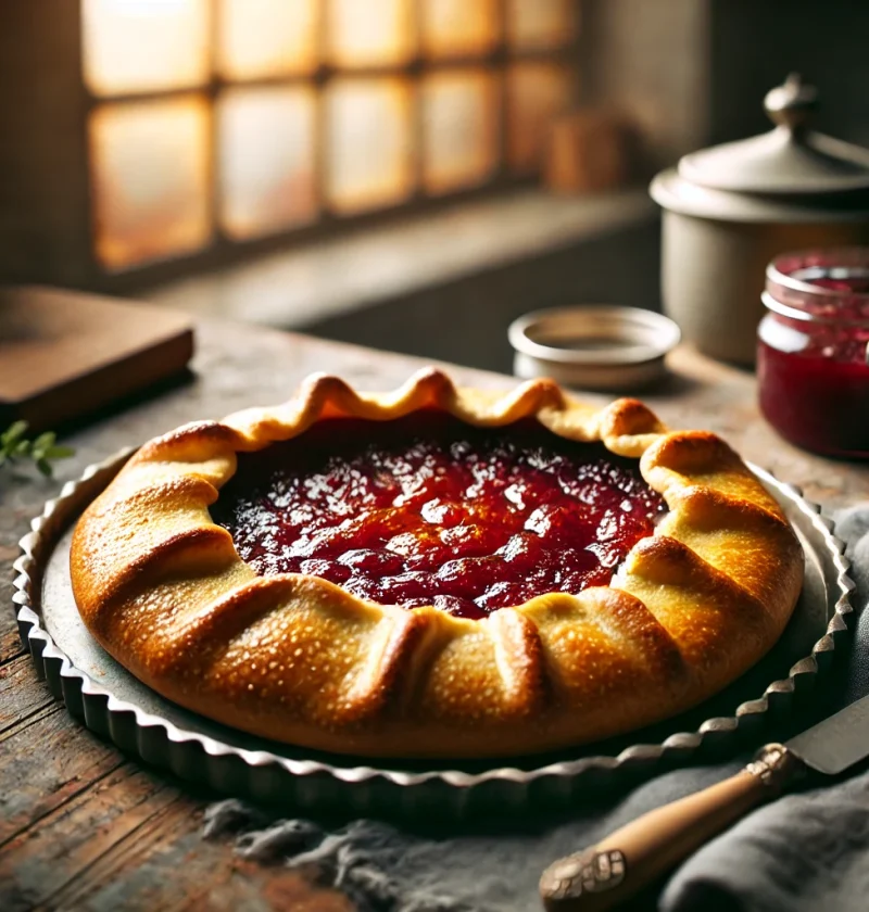 A cozy and inviting kitchen scene featuring a freshly baked jam galette on a rustic wooden countertop, surrounded by natural light and a warm ambiance.