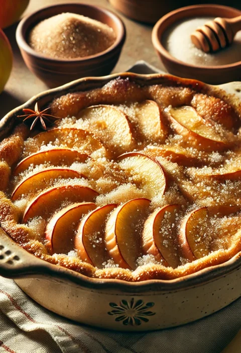 A warm and inviting apple cobbler with sugar sprinkled on top, served fresh in a baking dish, showcasing its golden caramelized crust.