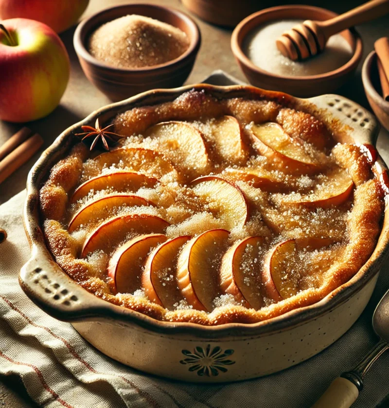 A warm and inviting apple cobbler with sugar sprinkled on top, served fresh in a baking dish, showcasing its golden caramelized crust.